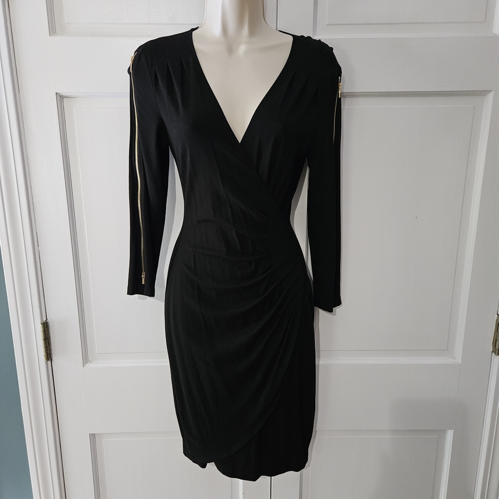 Cache Black Long Sleeve Dress with Gold Accents